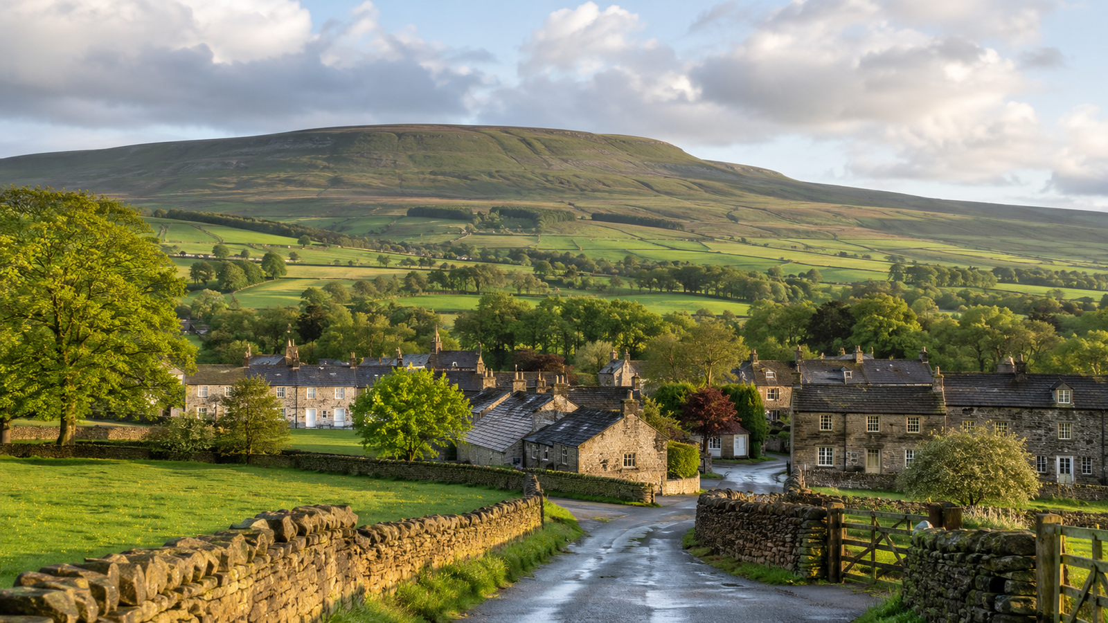 Pendle Hill and traditional Lancashire stone villages in the Pendle countryside