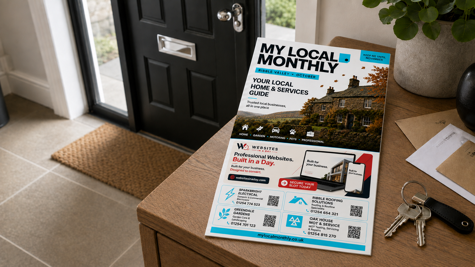 A folded My Local Monthly guide beside a British front door